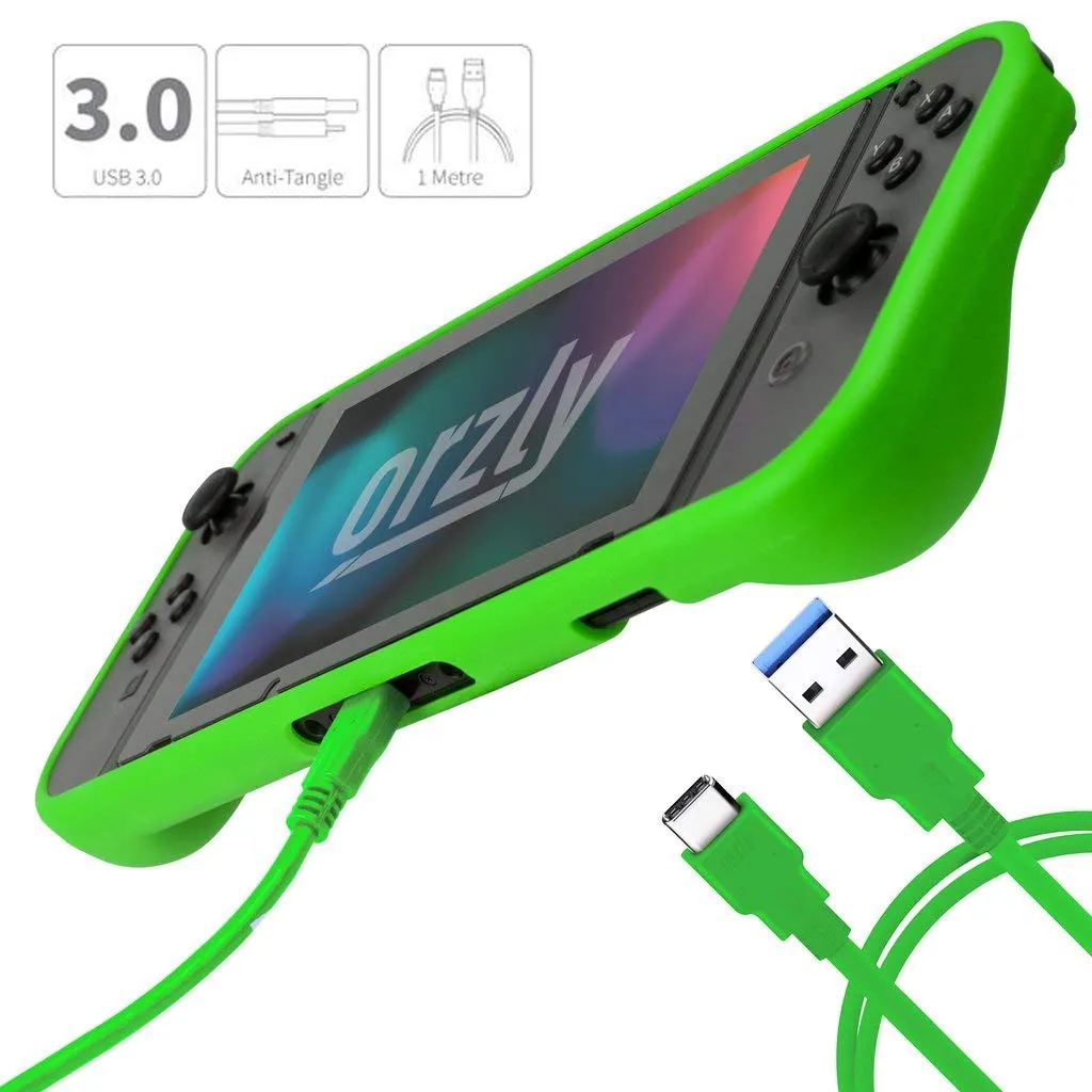 Orzly Switch Accessories Bundle  Includes Orzly Carry Case for Nintendo Switch Console, Tempered Glass Screen Protectors, USB Charging Cable, Switch Games Case, Comfort Grip Case & Headphones [Green]