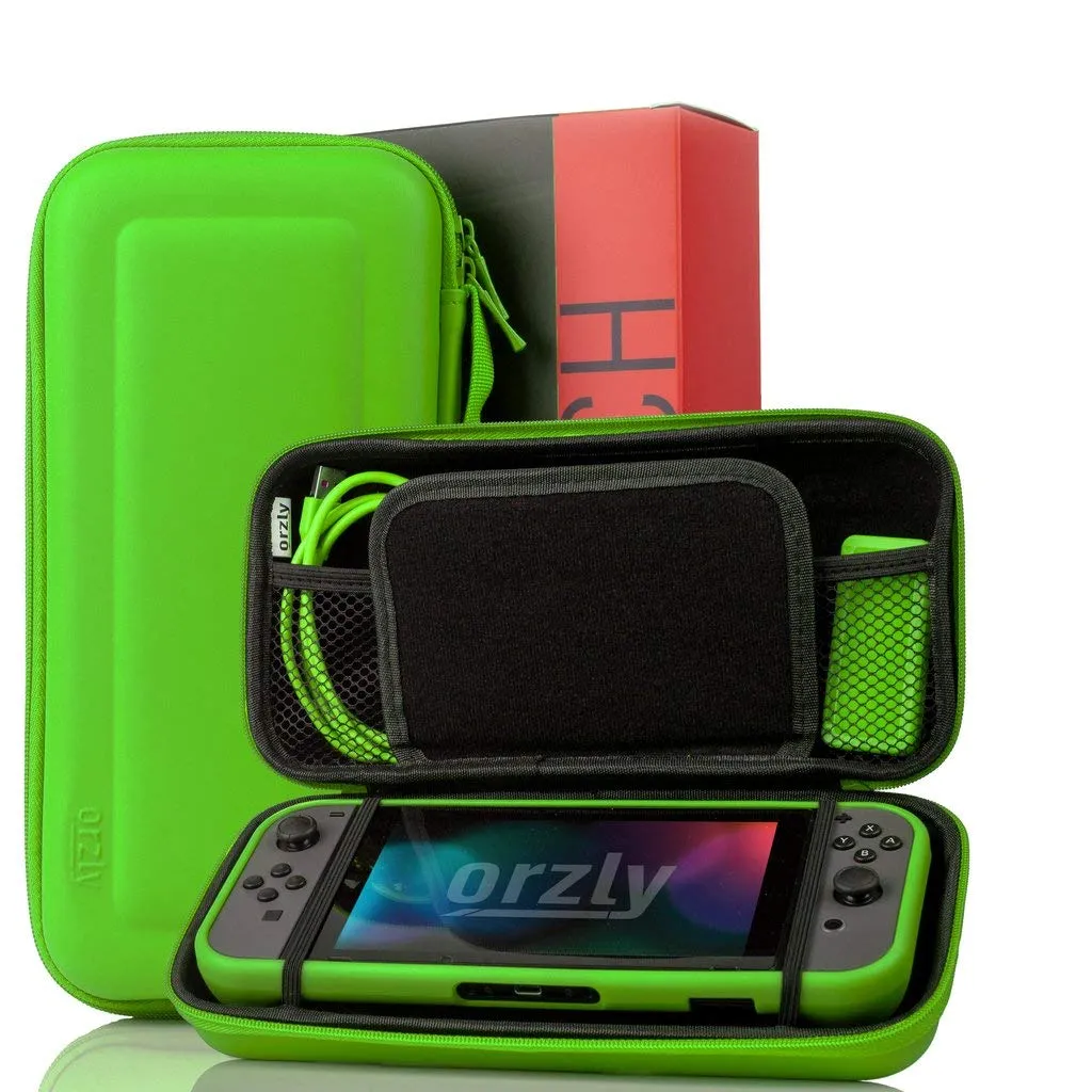 Orzly Switch Accessories Bundle  Includes Orzly Carry Case for Nintendo Switch Console, Tempered Glass Screen Protectors, USB Charging Cable, Switch Games Case, Comfort Grip Case & Headphones [Green]