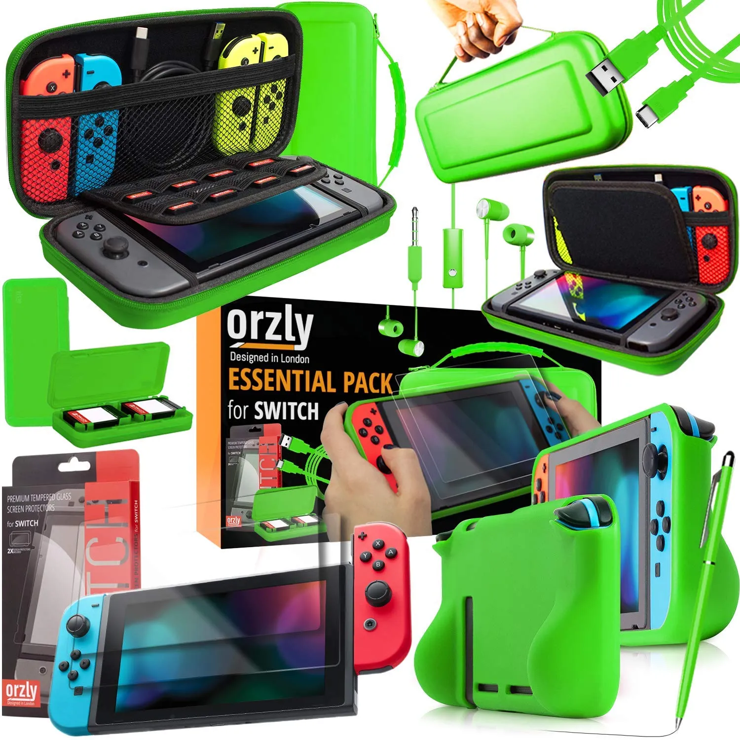 Orzly Switch Accessories Bundle  Includes Orzly Carry Case for Nintendo Switch Console, Tempered Glass Screen Protectors, USB Charging Cable, Switch Games Case, Comfort Grip Case & Headphones [Green]