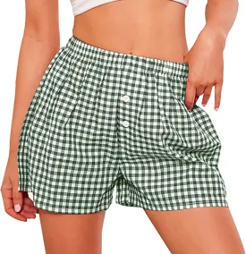 PRETTYGARDEN Womens Shorts Boxers 2025 Summer Gingham Pajama Lounge Sleep Y2K Plaid Pj Shorts Beach Bottoms