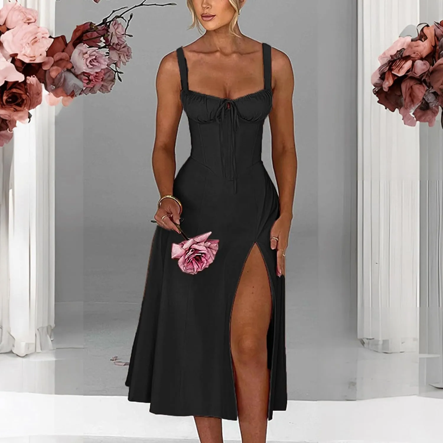 PTOLOCIF Sexy Sundresses for Women 2025 Summer Spaghetti Strap Dress Sleeveless Low Cut Bust Dress Beach Party Maxi Dresses