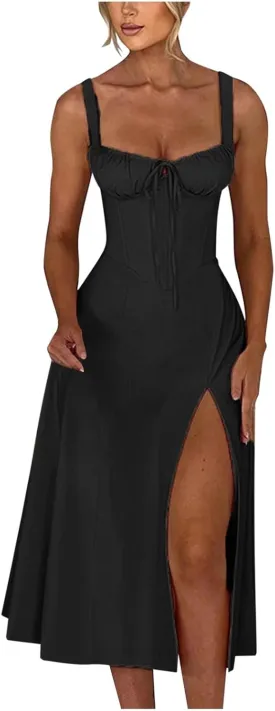 PTOLOCIF Sexy Sundresses for Women 2025 Summer Spaghetti Strap Dress Sleeveless Low Cut Bust Dress Beach Party Maxi Dresses