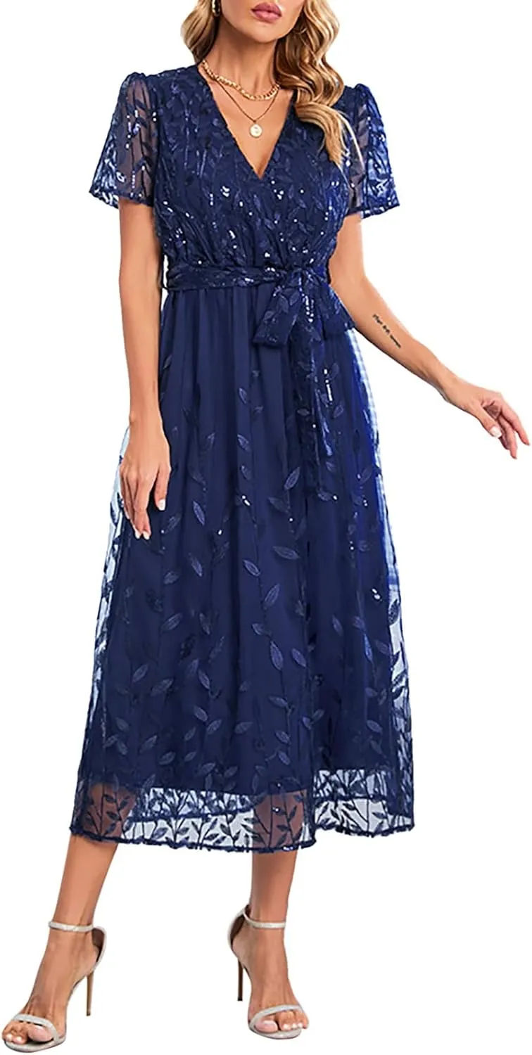 PTOLOCIF Wedding Guest Dresses for Women Casual V Neck Dresses 2025 Summer Spring Short Sleeve Party Dresses