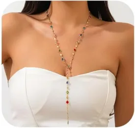 Rhinestone Long Y Shape Necklace,Colorful Bead Crystal Chest Body Chain Jewelry Festival Rave Tassel Clavicle Chain Necklace for Women