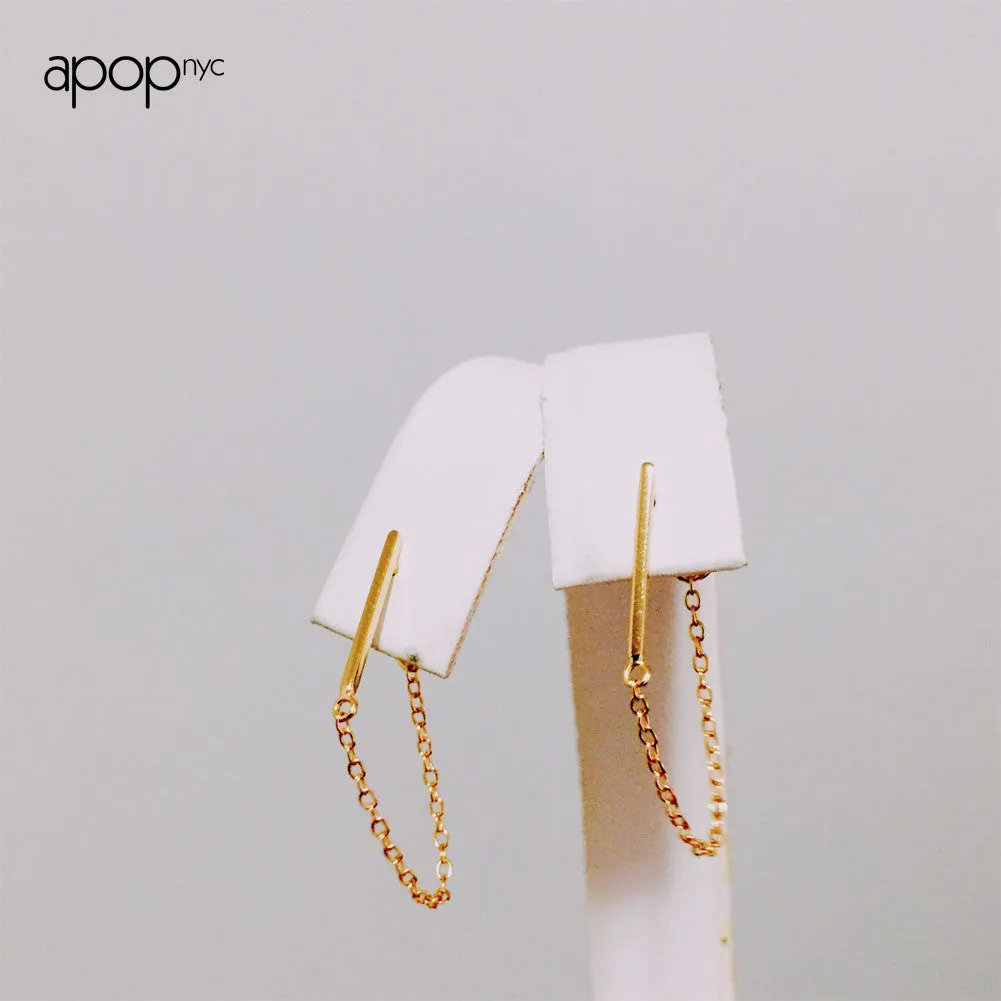 Rose Gold-Dipped Mini Bar Studs with Chain Earrings