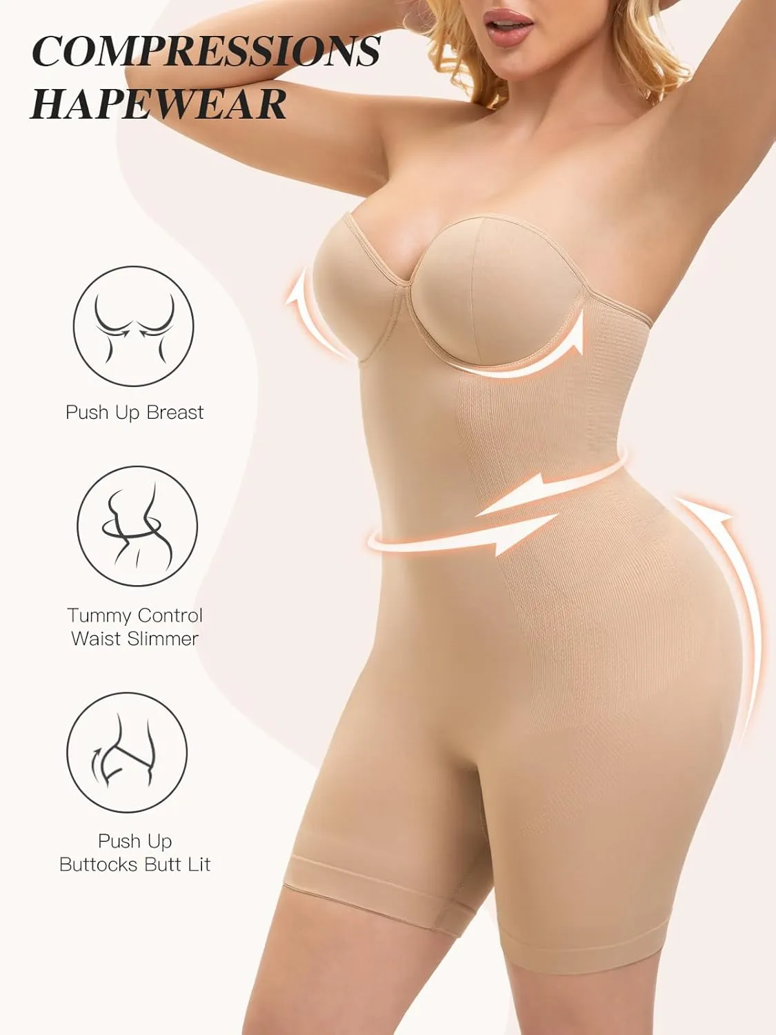 Slimers Strapless Shapewear Bodysuit For Woman: Seamless Body Shaper Built In Bar - Tummy Control Butt Lifter Shapewear