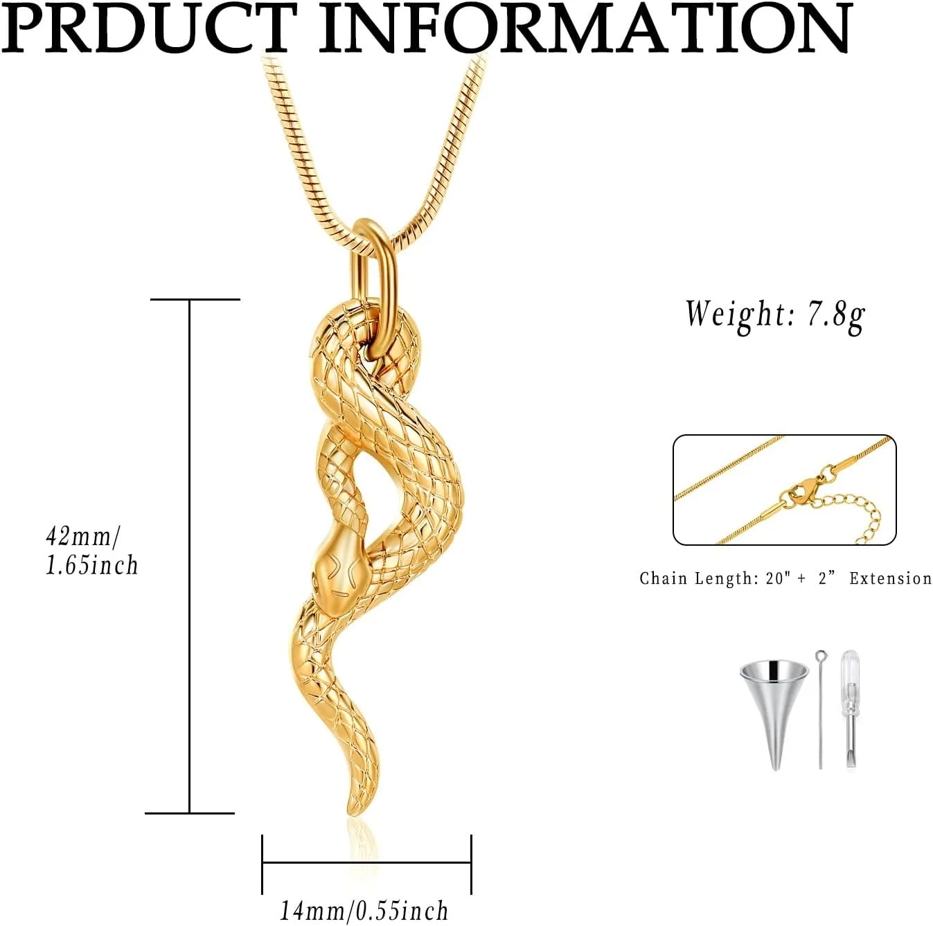 Snake Urn Necklace for Ashes for Men, Stainless Steel Cremation Urn Pendant Memorial Locket Ashes Keepsake Cremation Jewelry