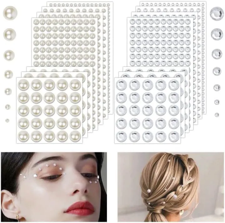 TecoKart 2032 Pcs Self Adhesive Pearls and Rhinestones Sticker，Hair Gems and Hair Pearls, Face Pearls for Makeup, Crafts, Home Decor Scrapbooking，7 Sizes 3mm/4mm/5mm/6mm/8mm/10mm/12mm