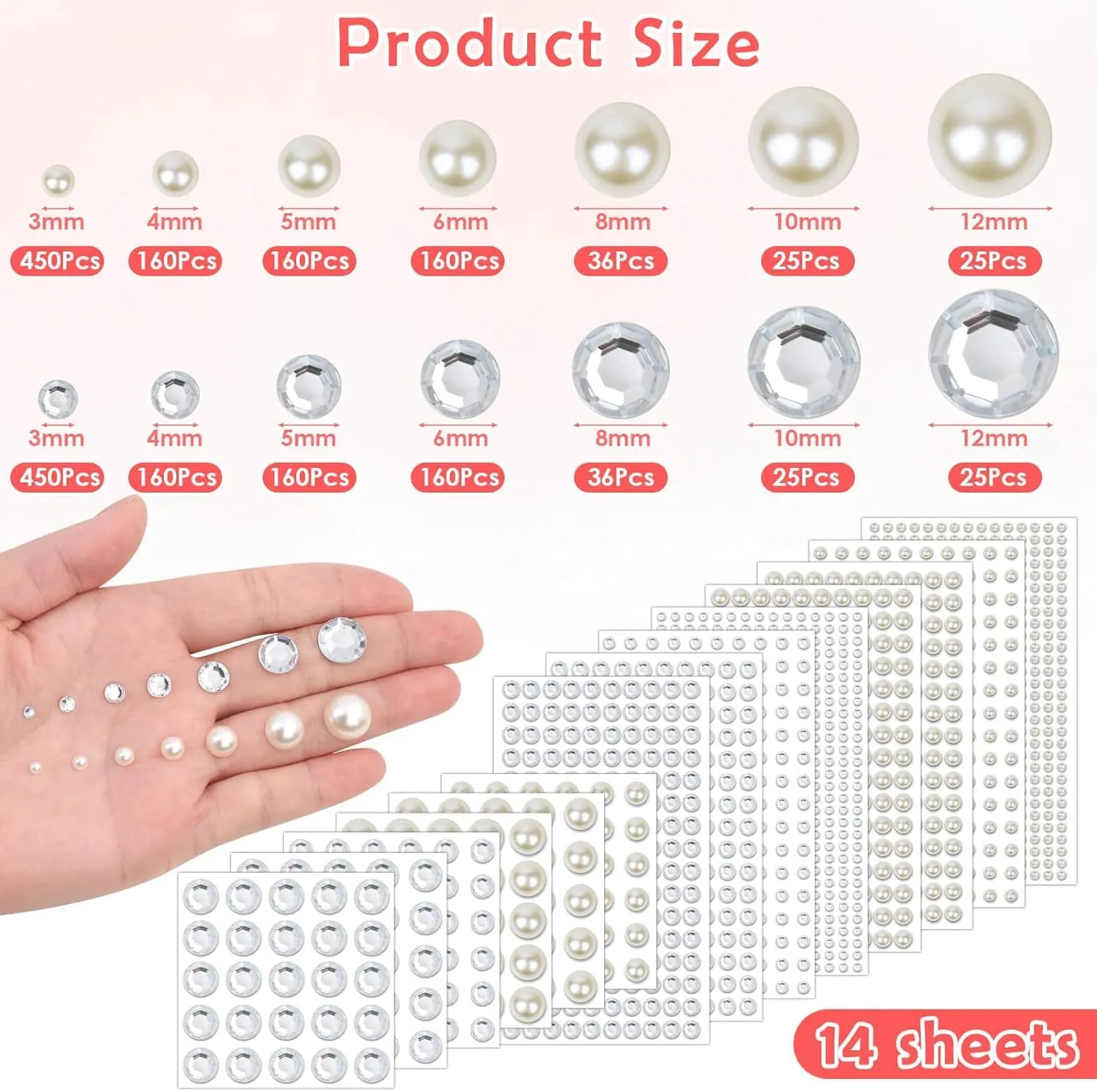 TecoKart 2032 Pcs Self Adhesive Pearls and Rhinestones Sticker，Hair Gems and Hair Pearls, Face Pearls for Makeup, Crafts, Home Decor Scrapbooking，7 Sizes 3mm/4mm/5mm/6mm/8mm/10mm/12mm