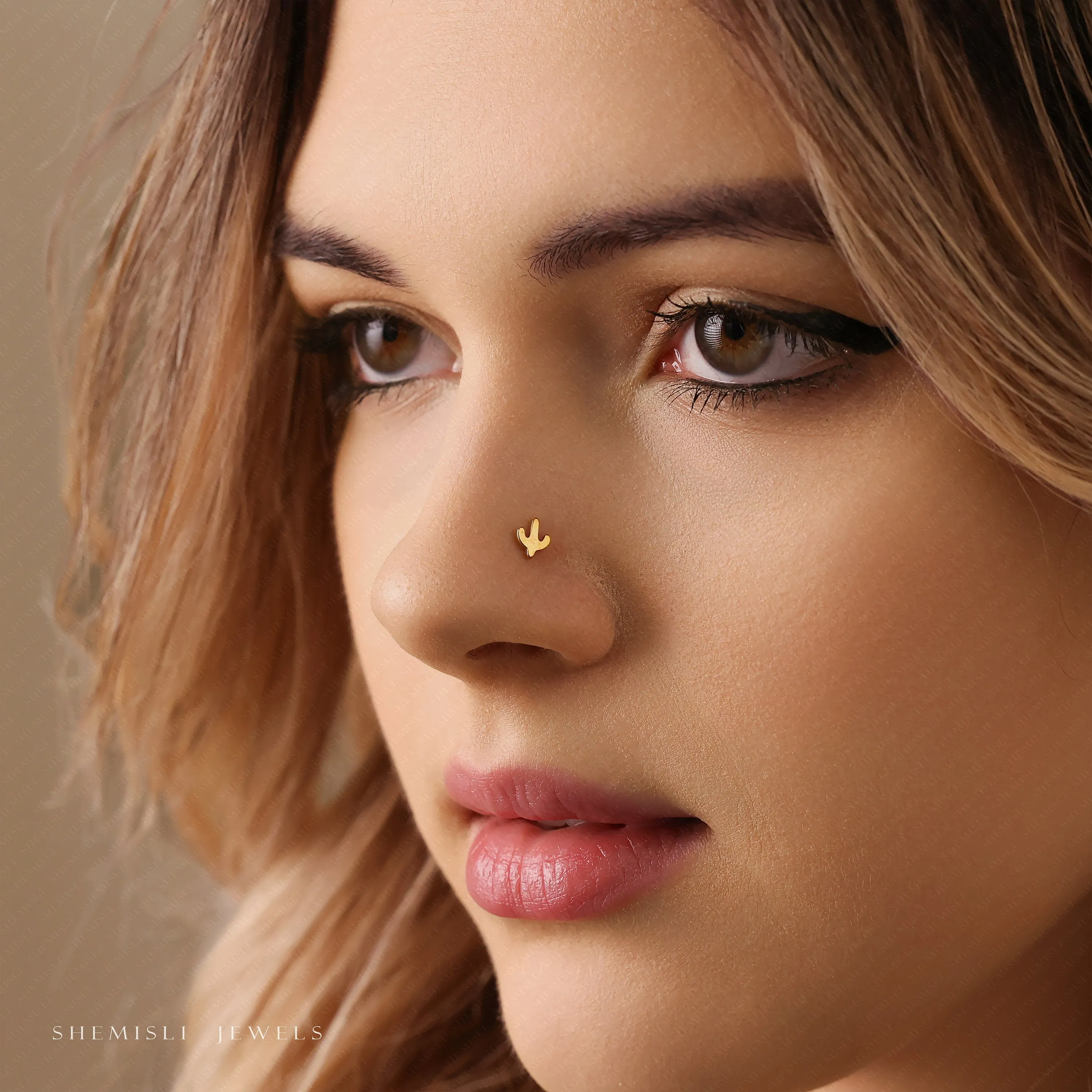 Tiny Cactus Threadless Flat Back Nose Stud, 20,18,16ga, 5-10mm Unisex, Surgical Steel SHEMISLI SS918