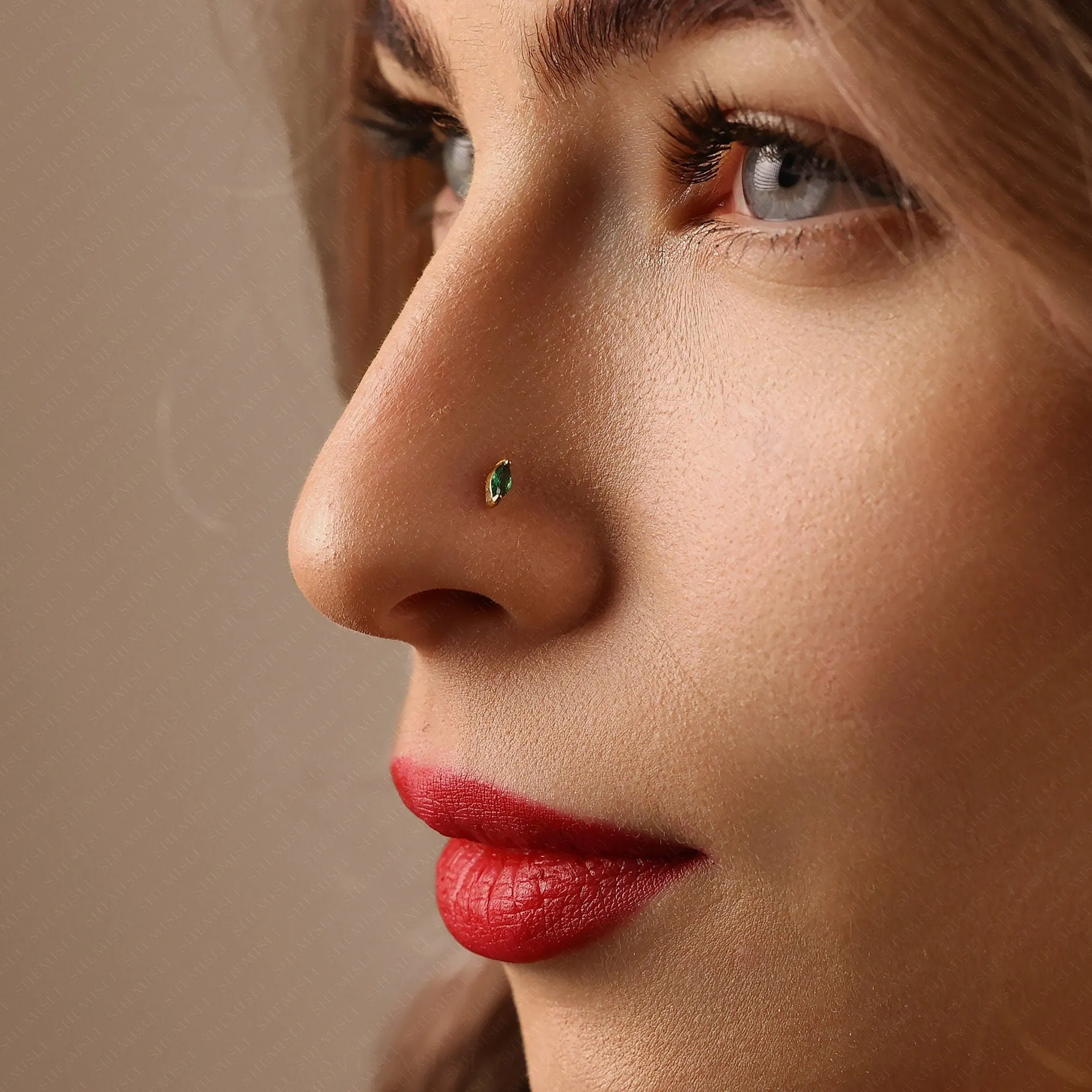 Tiny Emerald Marquise Threadless Flat Back Nose Stud, 20,18,16ga, 5-10mm, Unisex, Surgical Steel, SHEMISLI SS582
