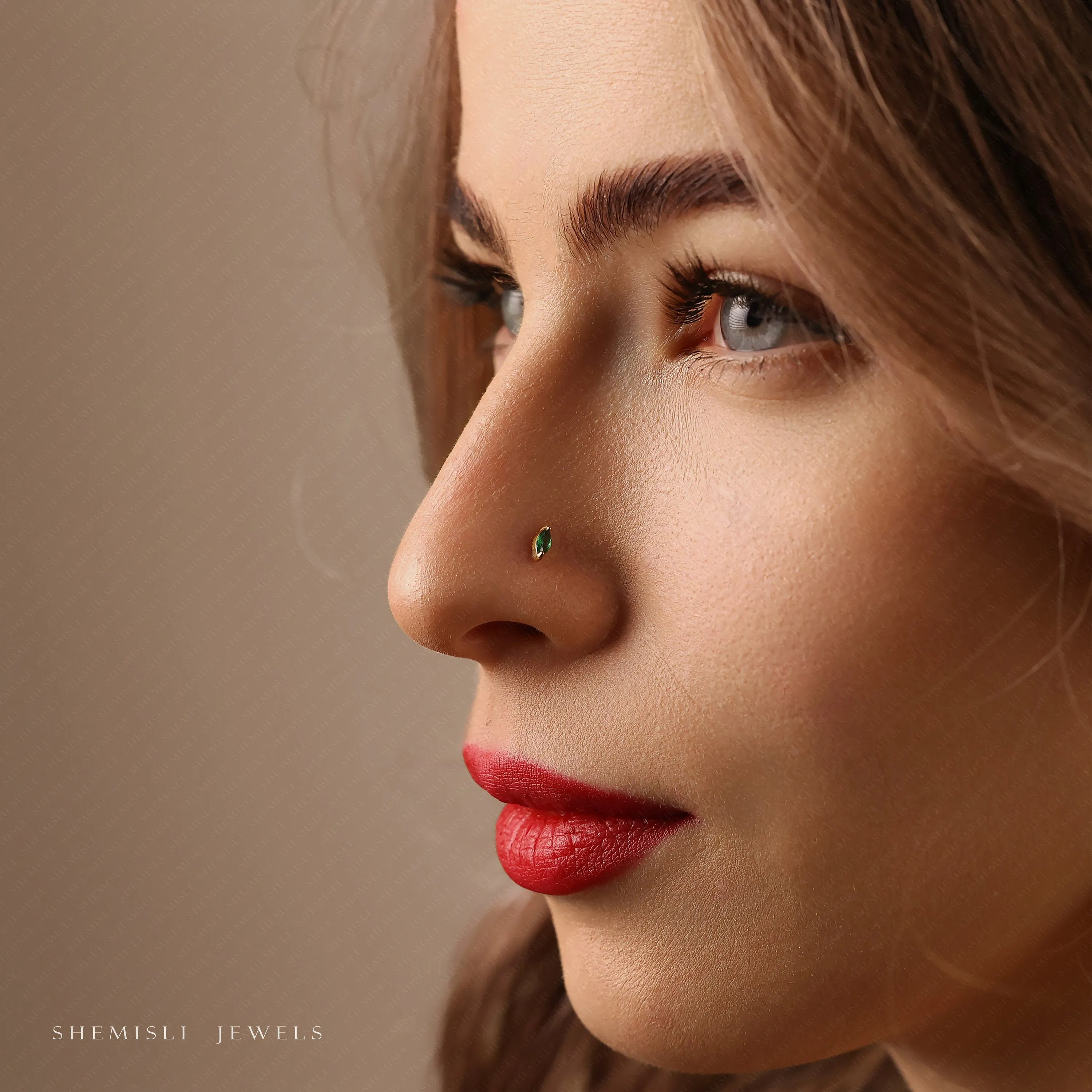 Tiny Emerald Marquise Threadless Flat Back Nose Stud, 20,18,16ga, 5-10mm, Unisex, Surgical Steel, SHEMISLI SS582
