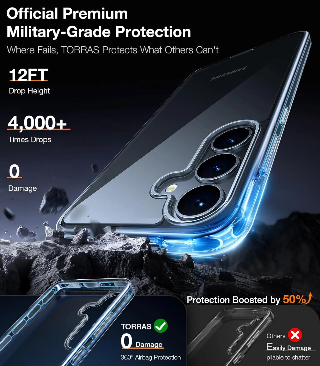 TORRAS Guardian Shockproof for Samsung Galaxy S25 Case, [12FT Military Grade Drop] Thin & Soft Touch for Samsung S25 Case, Translucent Matte Protective Slim Case for Samsung S25, Diamond Clear