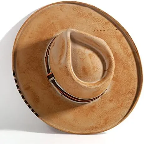 Vintage Wide Brim Fedora Hats for Mens Women 100% Wool Felt Panama Rancher Hat with Lightning Logo Distressed/Burned
