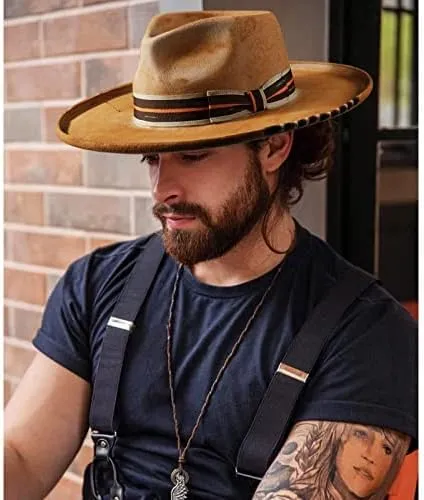 Vintage Wide Brim Fedora Hats for Mens Women 100% Wool Felt Panama Rancher Hat with Lightning Logo Distressed/Burned