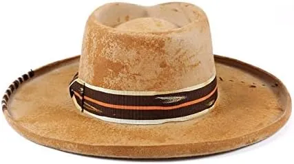 Vintage Wide Brim Fedora Hats for Mens Women 100% Wool Felt Panama Rancher Hat with Lightning Logo Distressed/Burned