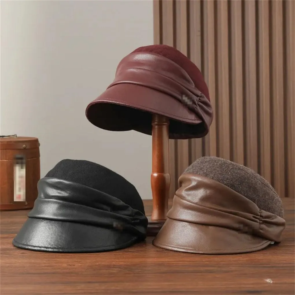Winter PU Berets Women Party Formal Felt Female Cloche Hat Wool Newsboy Cap Mother Fascinators,Coffee-One Size