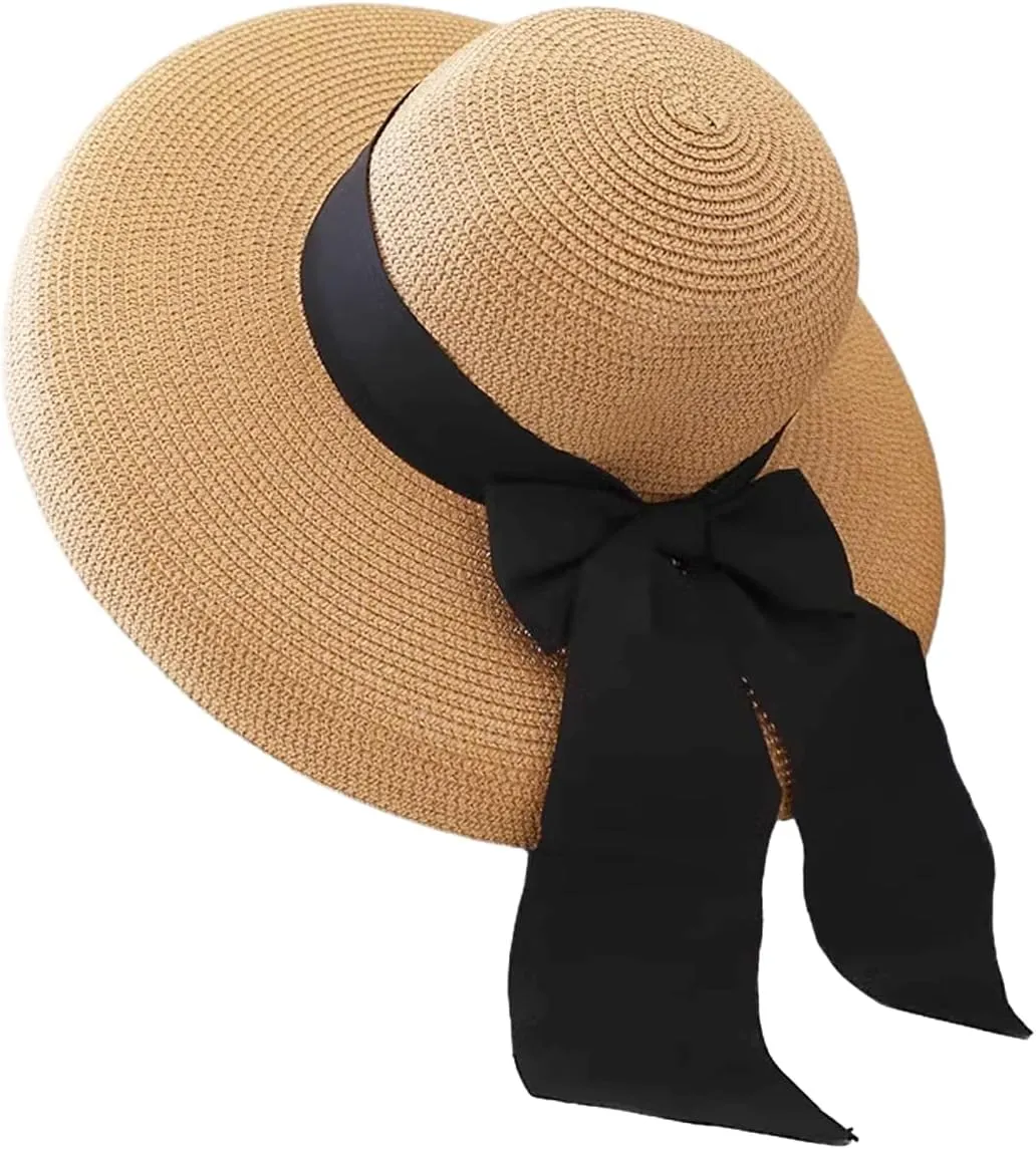 Women Floppy Beach Hat Wide Brim Panama Straw hat Fedora Beach Sun Cap Packable Summer Cap with Bow