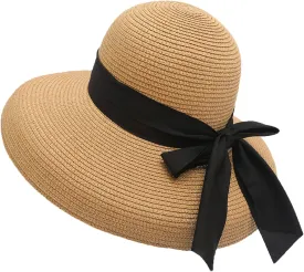 Women Floppy Beach Hat Wide Brim Panama Straw hat Fedora Beach Sun Cap Packable Summer Cap with Bow