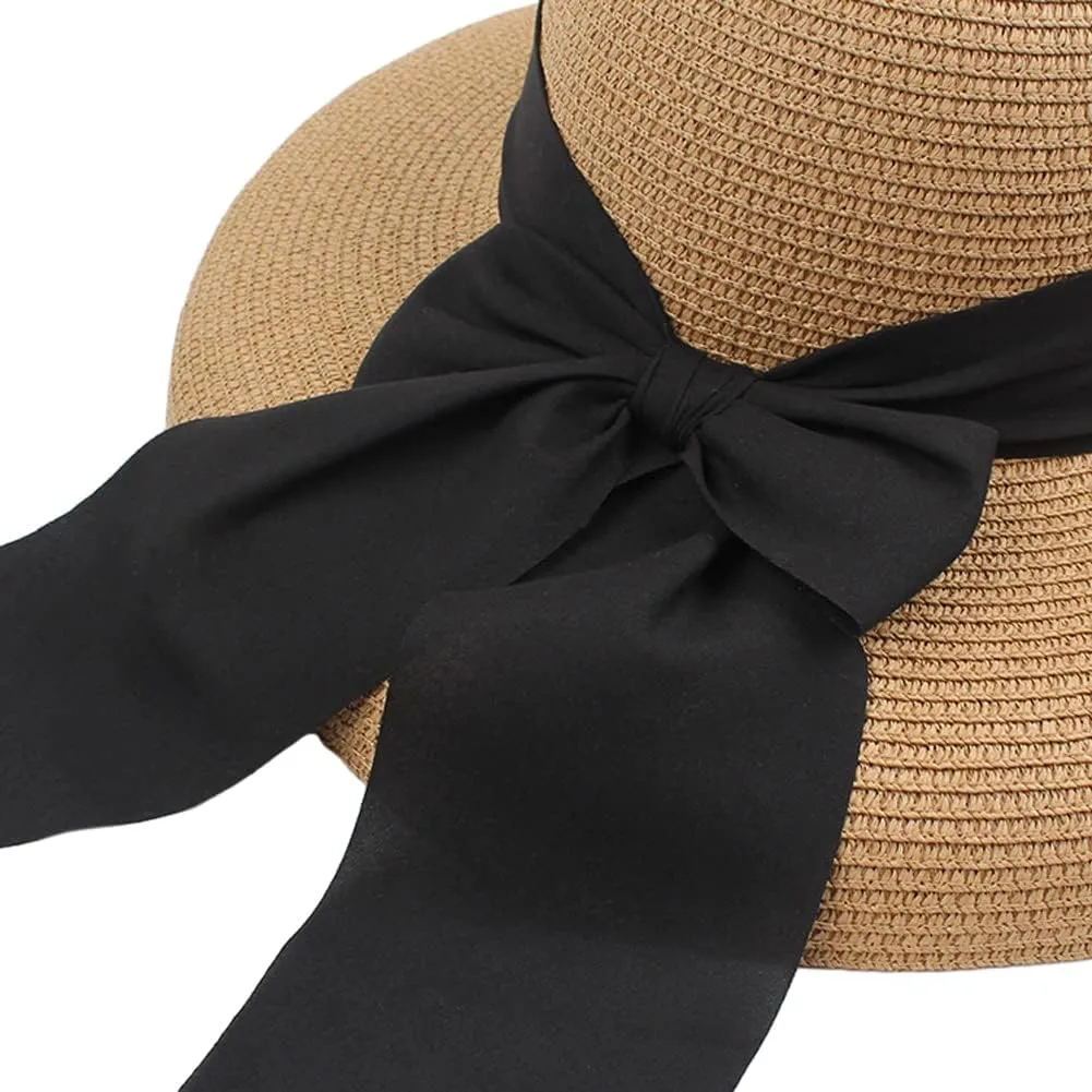 Women Floppy Beach Hat Wide Brim Panama Straw hat Fedora Beach Sun Cap Packable Summer Cap with Bow