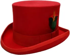 Women's Men High Round Flat Top Feathers Wool Felt Magician Hat Bowler Hat Christmas Costume Cap Red M